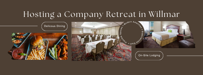 Collage showing dining, a conference room setup, and an on-site lodging room for a company retreat in Willmar.
